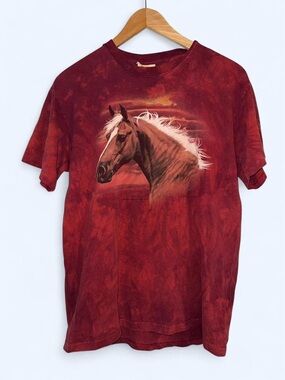 The Mountain Red Tie-Dye Horse Graphic Short Sleeve Tee